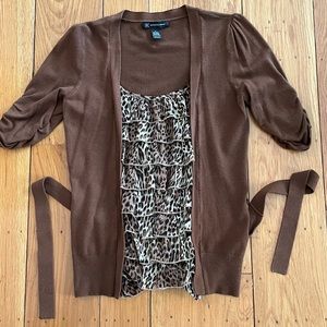 INC Womens Faux Cardigan Brown Ruffles Animal Print Ruched Sleeve Y2K Size Med